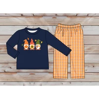 autumn clothes navy blue long sleeve top and orange plaid trousers three old men holding pumpkins embroidered boys clothes