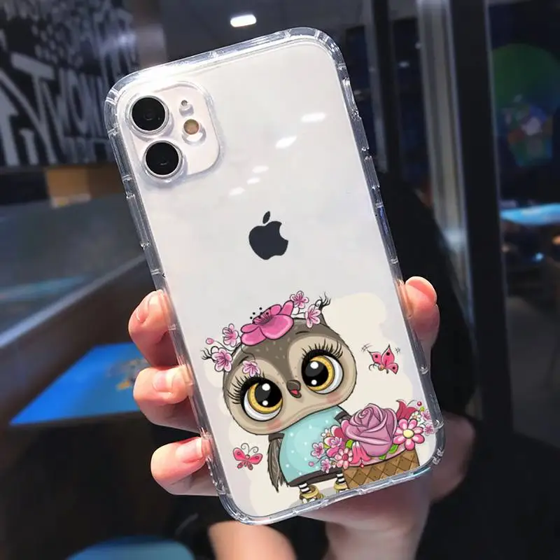 

Cute Owl Black Phone Case Transparent for iPhone 11 12 mini pro XS MAX 8 7 6 6S Plus X 5S SE 2020 XR