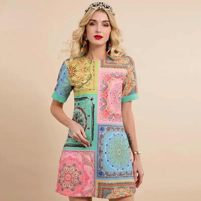 

New 2021 Summer Runway Party Mini Dress Women's Short Sleeve Gorgeous Beading Multicolor Print Vintage Dress