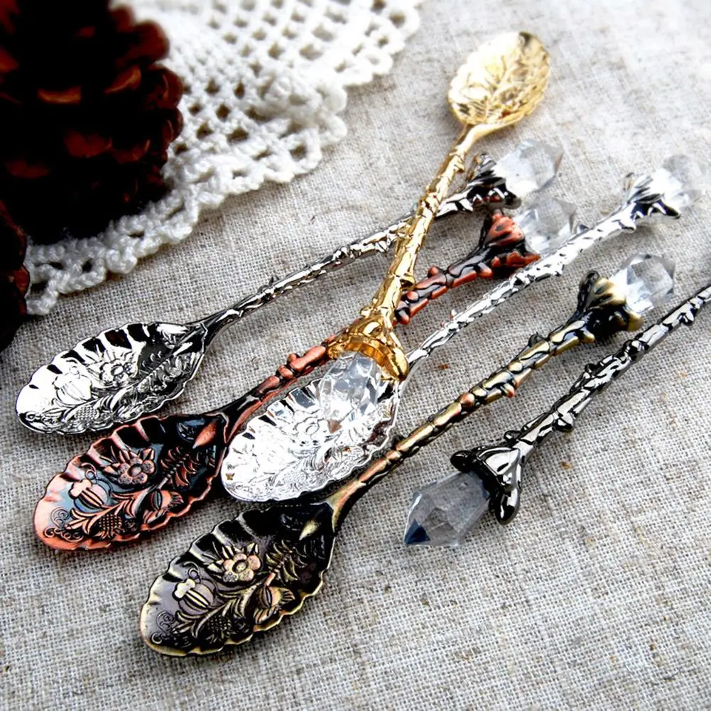 

Vintage Flower Carving Tea Coffee Dessert Spoon Long Crystal Handle Dinnerware