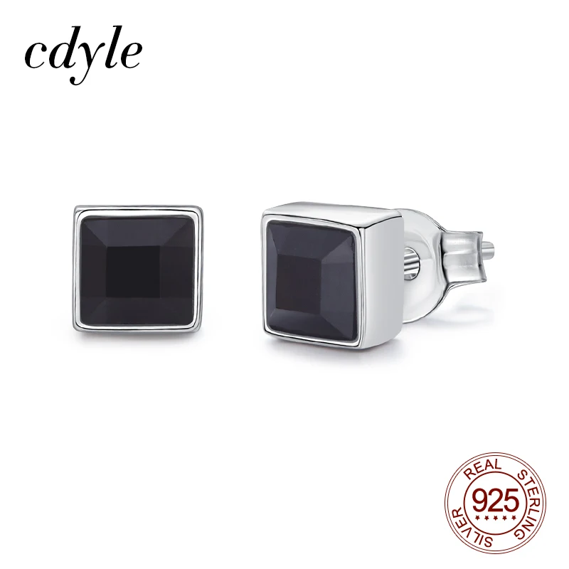 

Cdyle Real 925 Sterling Silver Earrings Mini 5mm Square Black Crystal Stud Earrings for Men Women Daily Bijoux Accessories