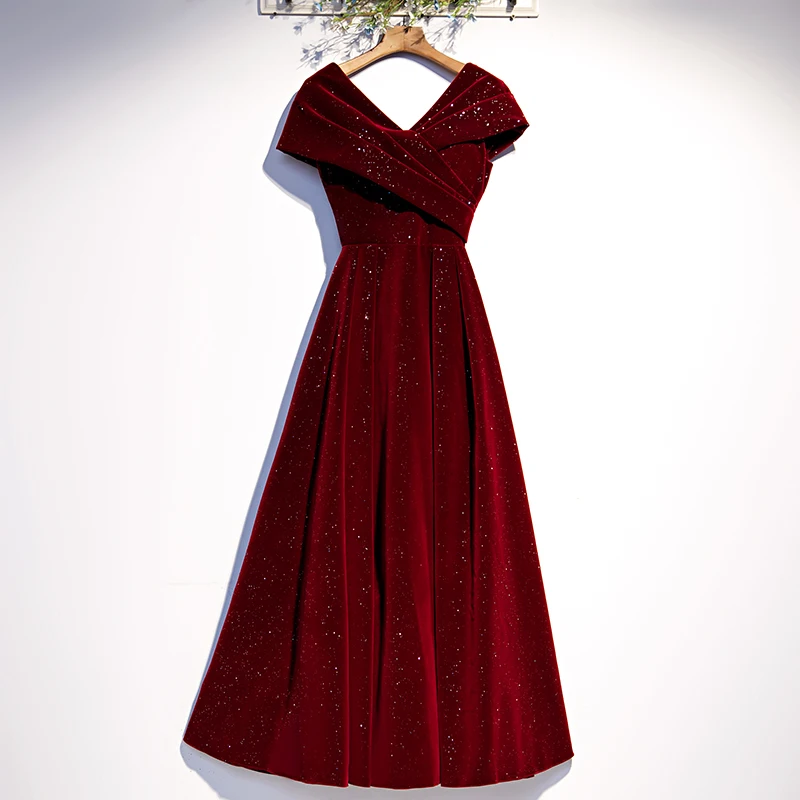 

New Burgundy Evening Dress Criss-Cross V-Neck Short Sleeves Simple A-Line Ruched Tea-Length Elegant Party Formal Gown Woman B375