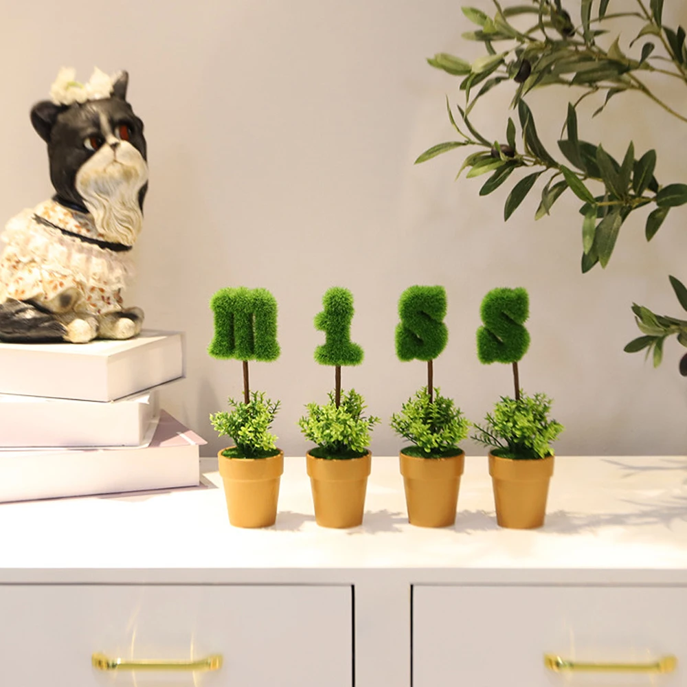 

4PCS Simulation Small Potted Plant Kit Flocking Ceramic English Alphabet MISS Bonsai Ornaments Home Decor Crafts
