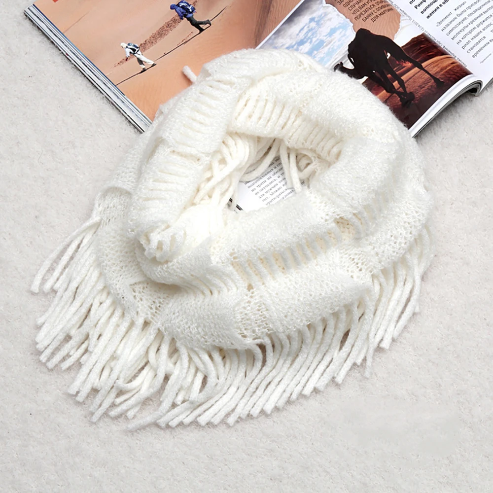 Women Wool Knit Tassel Warm Fall Winter Infinity Scarf Soft Shawl fringed bib Female Cashmere Wrap Blanket Tippet |