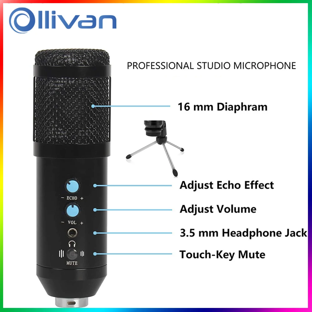 

USB Condenser Microphone PC Profession Podcast Condenser Mic Vocals Recording Studio Mic Built-in Mute Knob Zero-Latency Monitor