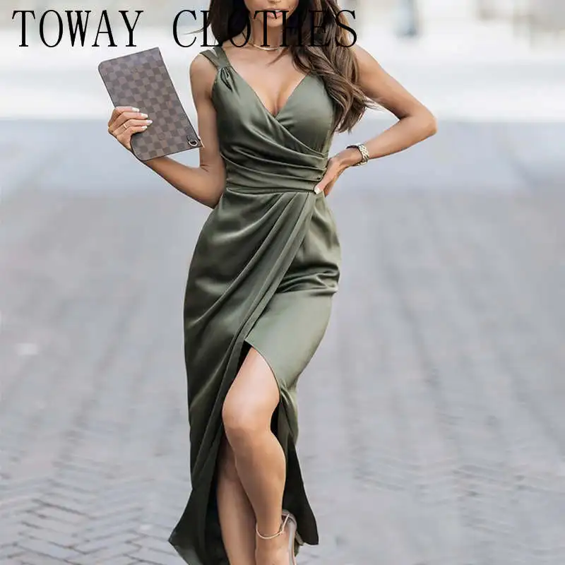 Женское атласное платье с оборками и высоким разрезом, вечернее платье с запахом, элегантные платья для женщин, 2022