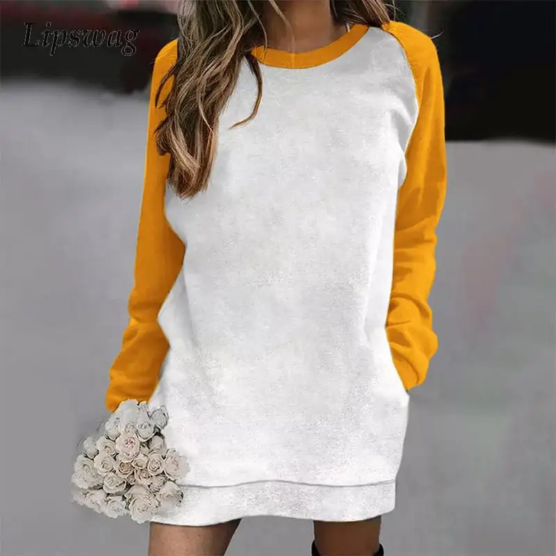 

Женское осеннее элегантное лоскутное мини-платье с принтом 2021, Повседневное платье-свитшот с круглым вырезом, зимние винтажные свободные п...