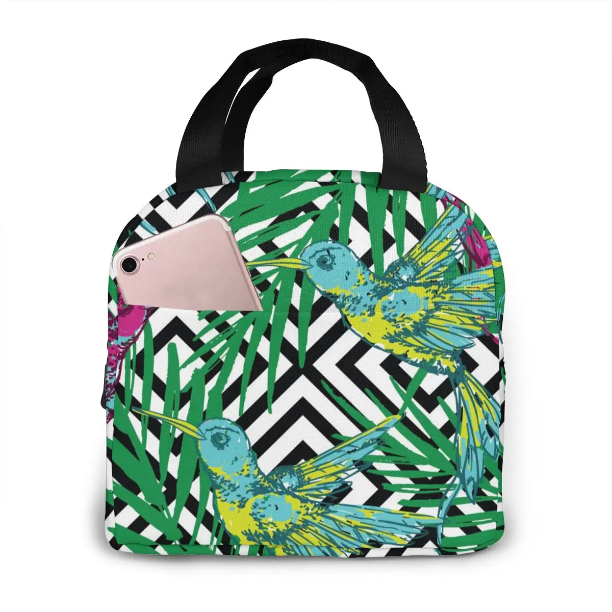

Hummingbrids And Palm Leaves Cooler Bag Portable Zipper Thermal Lunch Bag Convenient Lunch Box Tote Food Bag