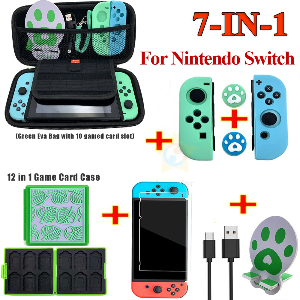 Набор аксессуаров для игр 7 в 1 Зеленая Дорожная сумка Nintendo Switch защита экрана