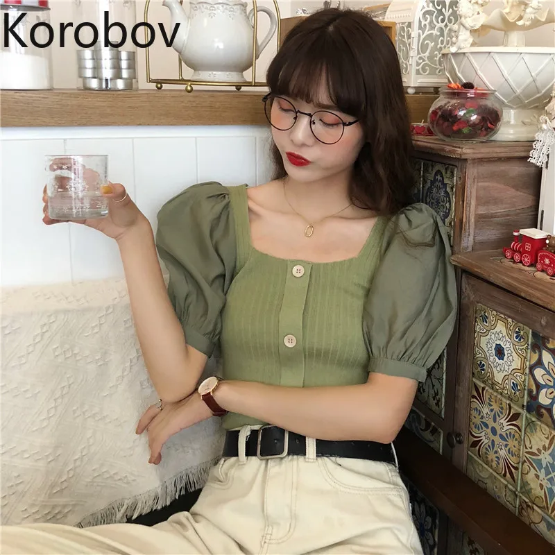 Короткая женская блузка Korobov в стиле ретро с квадратным воротником и открытым