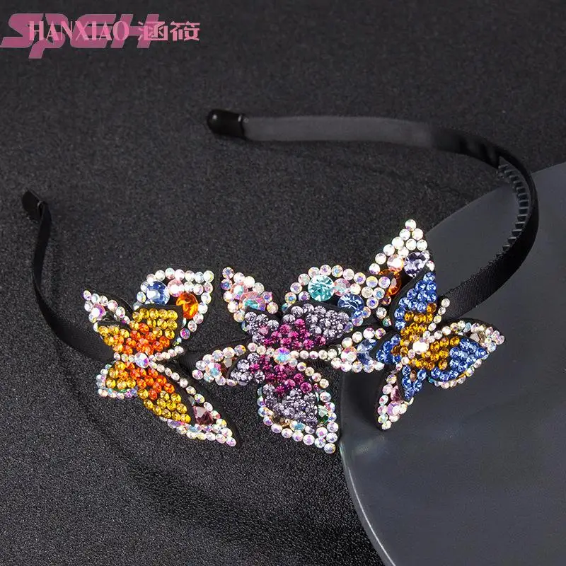 

New Korean hairpin color butterfly hairband fashion simple water drill headband thin edge anti slip crystal headdress with teeth