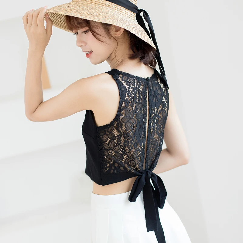 Майка-жилет MUMUZI в стиле ретро вязаная кружевная ажурная рубашка на бретельках с