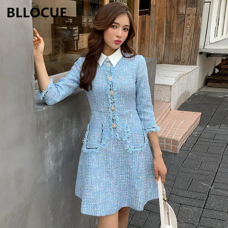 BLLOCUE 2019 Осеннее модное яркое шелковое твидовое платье с контрастным воротником и