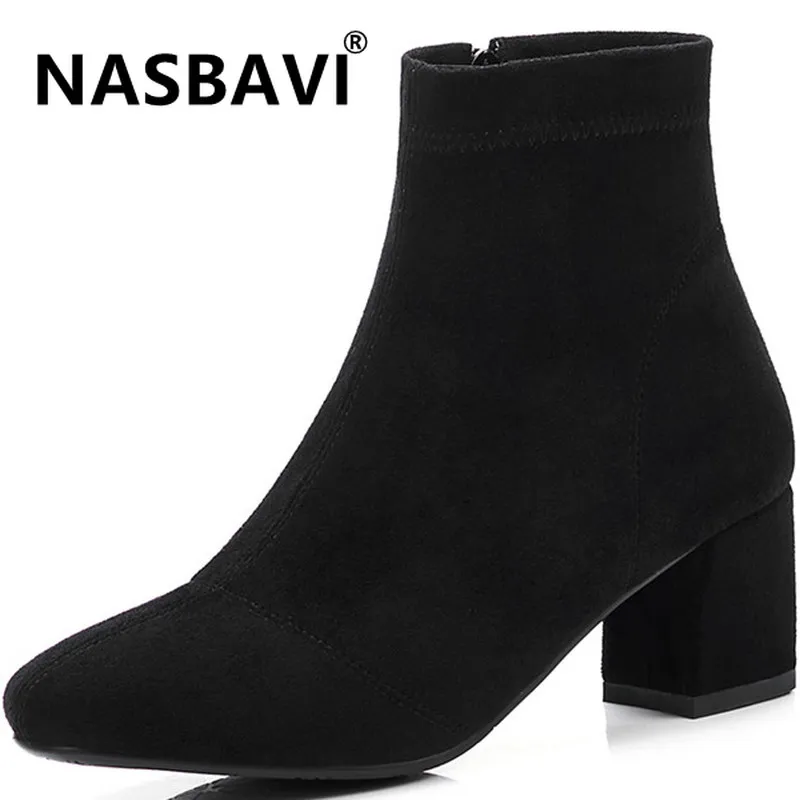 

NASBAVI new fashion suede contracted Europe and America British style zipper high heel thick heel Solid color winter short boot