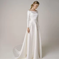 satin wedding dress long sleeve simple 2021 scoop bridal gowns pleat elegant long chapel train white custom made for brides
