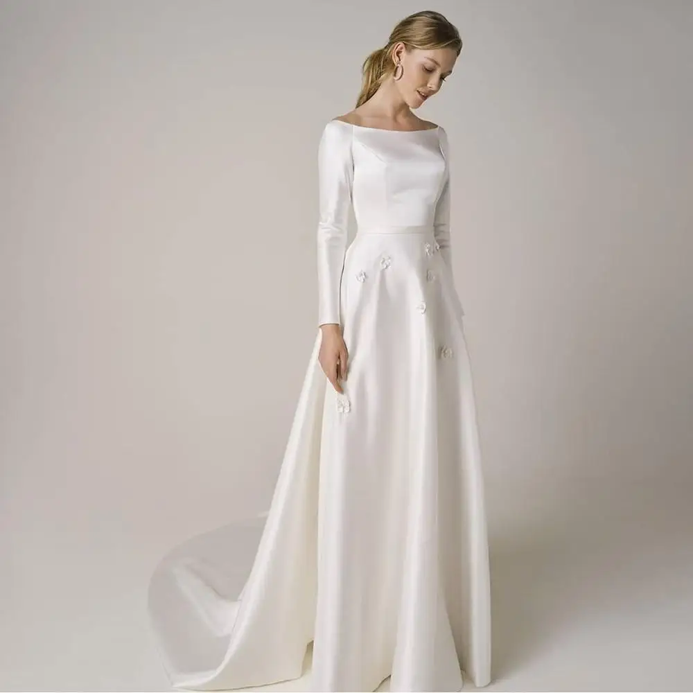 Сатиновое свадебное платье с длинным рукавом простая 2021 принцесса свадебные