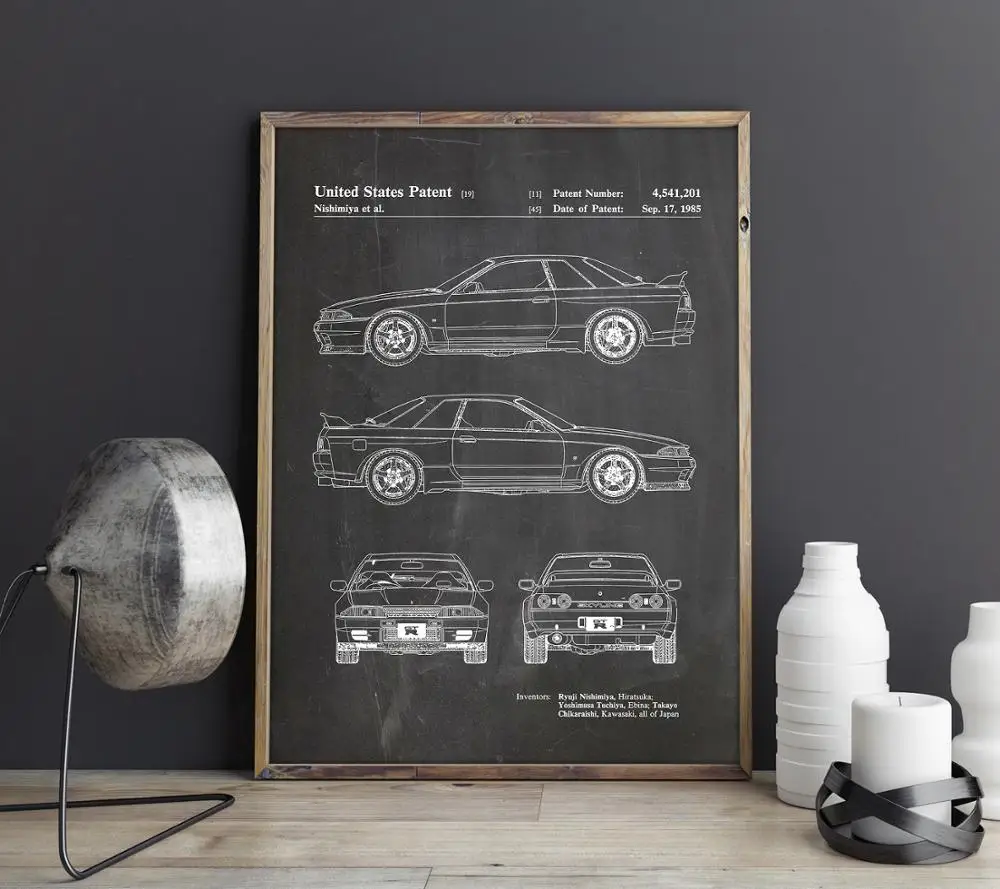 Автомобиль патент для Nissan GTR, произведение искусства, спортивный автомобиль холст стены искусства плакат, декор комнаты, печать, схема, идея подарка, украшения стены