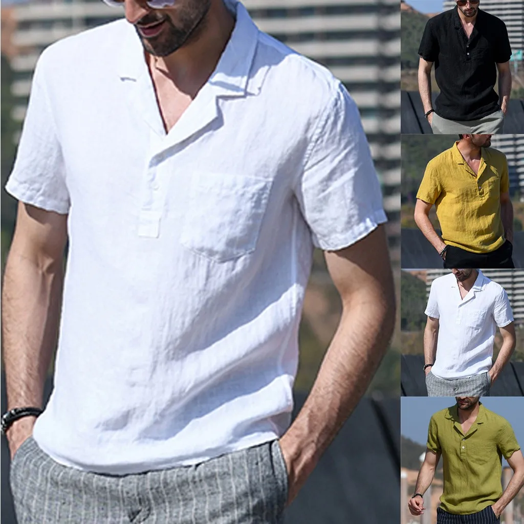 

Men's solid color shirt top men's summer shirt retro solid color linen solid short sleeve retro shirt top 40*
