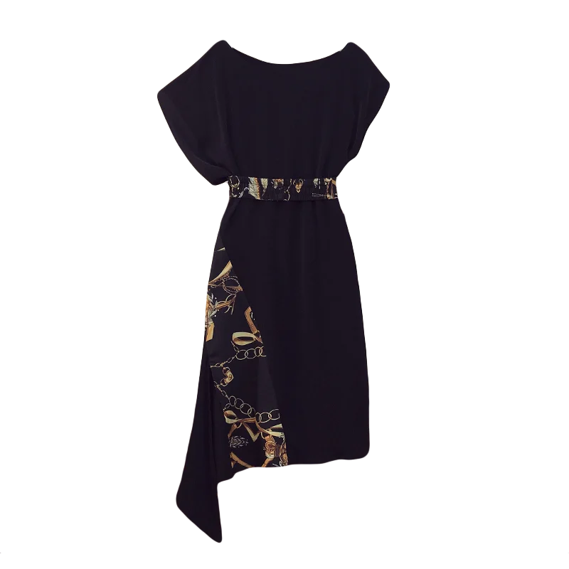 

New Hit 2021 Summer Fashionable Patchwork Dress For Women Short Sleeves Slash Neck Black Elastic Waisted Dresses Female Clothing