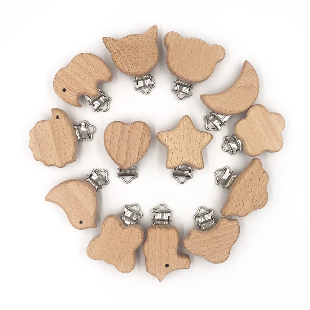 

3PCS Bpa Free Cute Modelling Wooden Beech Pacifier Clip Small Elephant Heart-shaped Baby Diy Baby Pacifier Chain Accessory