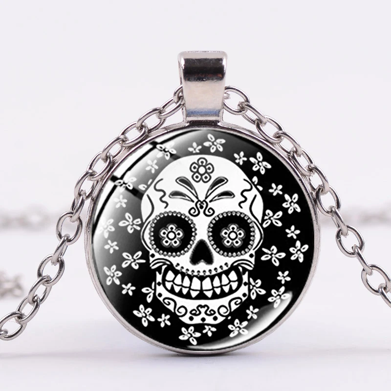 

Classic Mexican Sugar Skull Art Pattern Necklace Day of The Dead Celebrate Crystal Dome Long Chain Pendant Gothic Jewelry