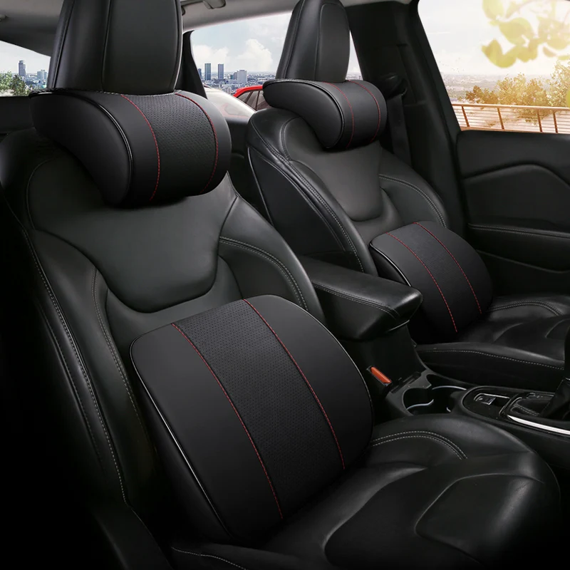 

KKYSYELVA leather Car Neck Pillow Set Memory Foam Auto Headrest Lumbar Seat Supports Cushion Universal Back Pillows Accessories