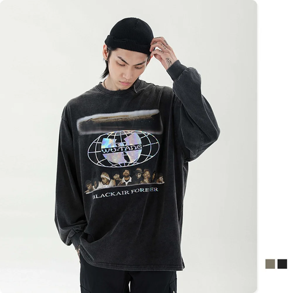 

Футболка мужская оверсайз с длинным рукавом, уличная одежда, свободная рубашка в стиле Хай-стрит, с лазерным принтом, в стиле хип-хоп, осень 2021