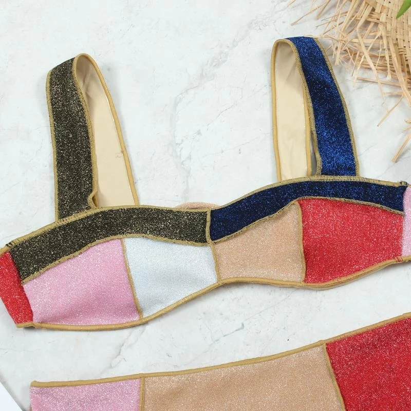 

High Waist Bikini Women Swimsuit Contrast Color Patchwork Swimwear Female Sequins Bathing Bikini Set Beachwear Swimming Suit