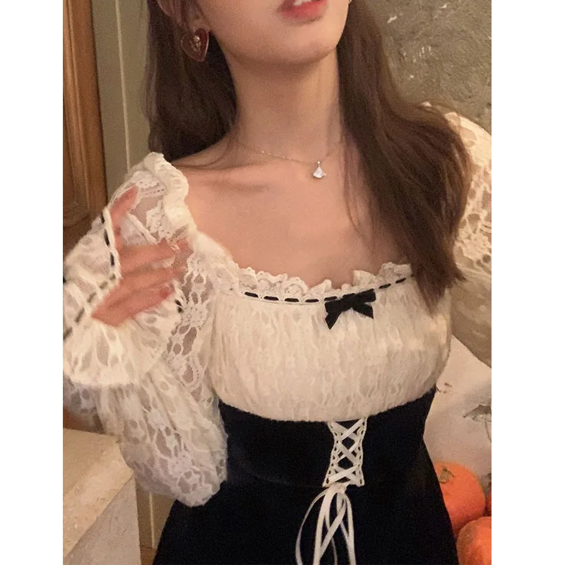 

2021 Spring/summer French Elegant Girl Dress Lace Princess Long Sleeve Square Collar Bow High Waist Party Sweet Bandage Dress XL