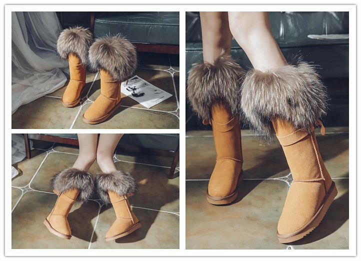 Зимние сапоги на натуральном лисьем меху сапоги из натуральной коровьей замши сапоги до середины икры теплые женские сапоги на плоской подошве с мехом енота