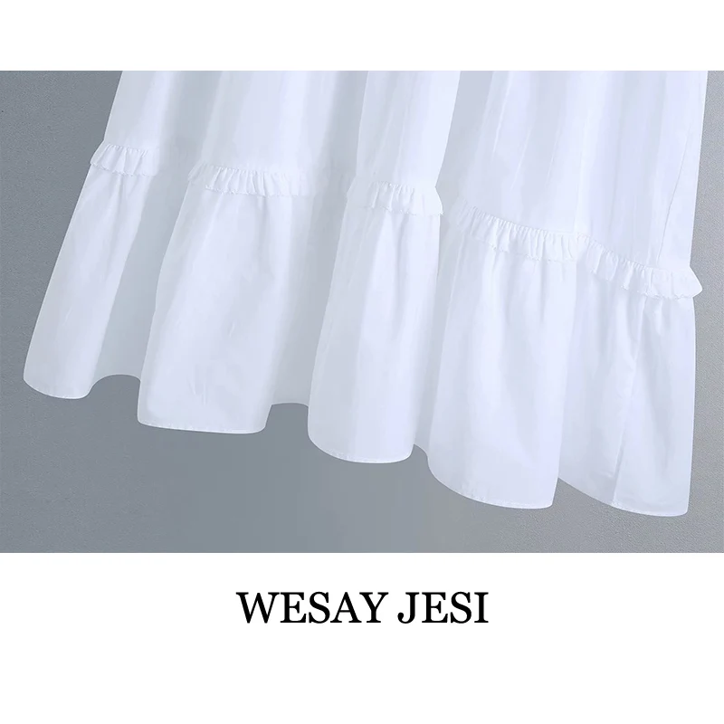 

WESAY JESI Summer Dress 2021 Loose Casual Chic Puff Sleeve Ruffles Hollow Out Embroidery Deep V Neck White Mini Dress Female