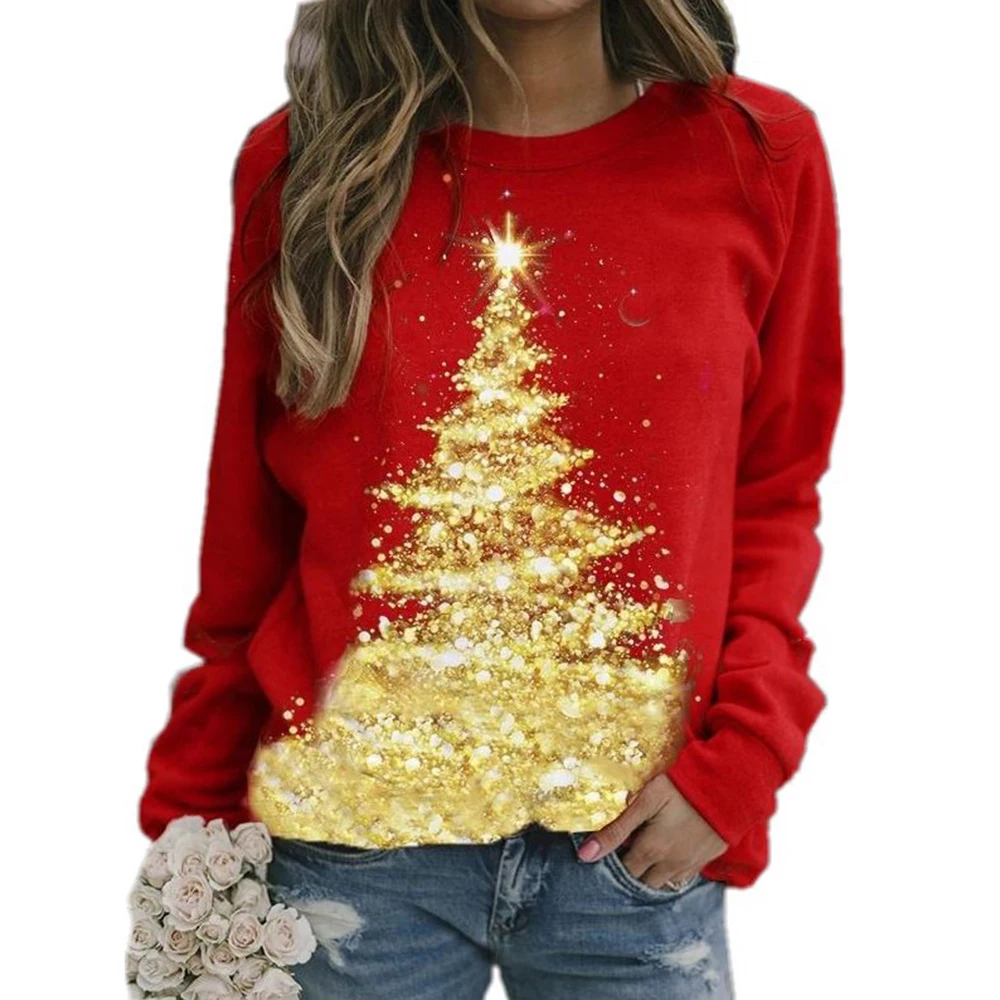 Рождественский Золотой со звездным принтом Топы с длинными рукавами для женщин
