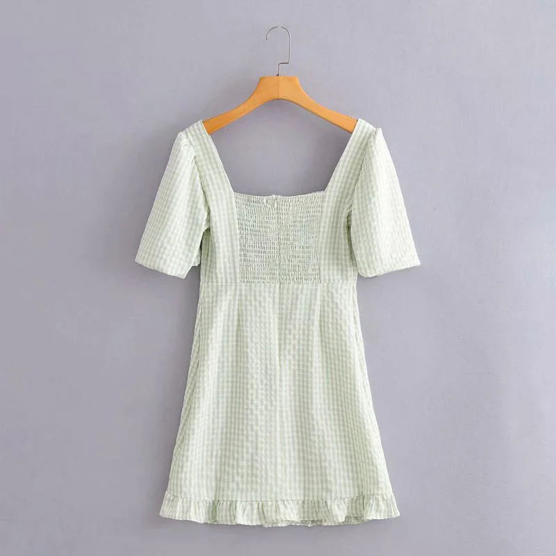 

EAYUCU Summer Hot Style Square Collar Fresh Plaid Ruffle Dress Tube Top Halter Temperament Bag Hip ED306