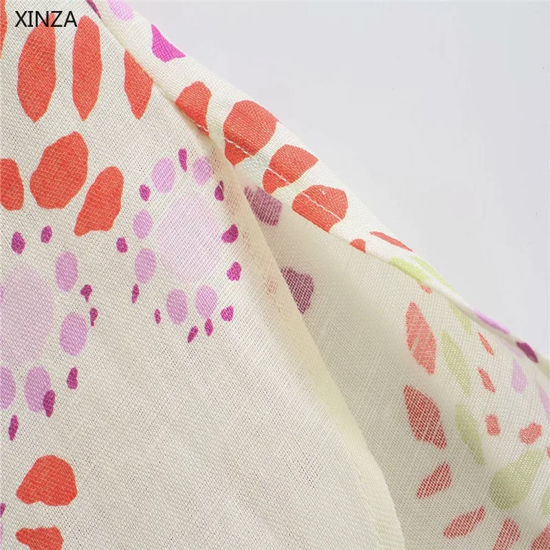 

Women Linen Vintage Print Shirt Za 2021 Long Sleeve Irregular Loose Summer Blouse Chic Side Vents Button Up Plus Size Woman Top