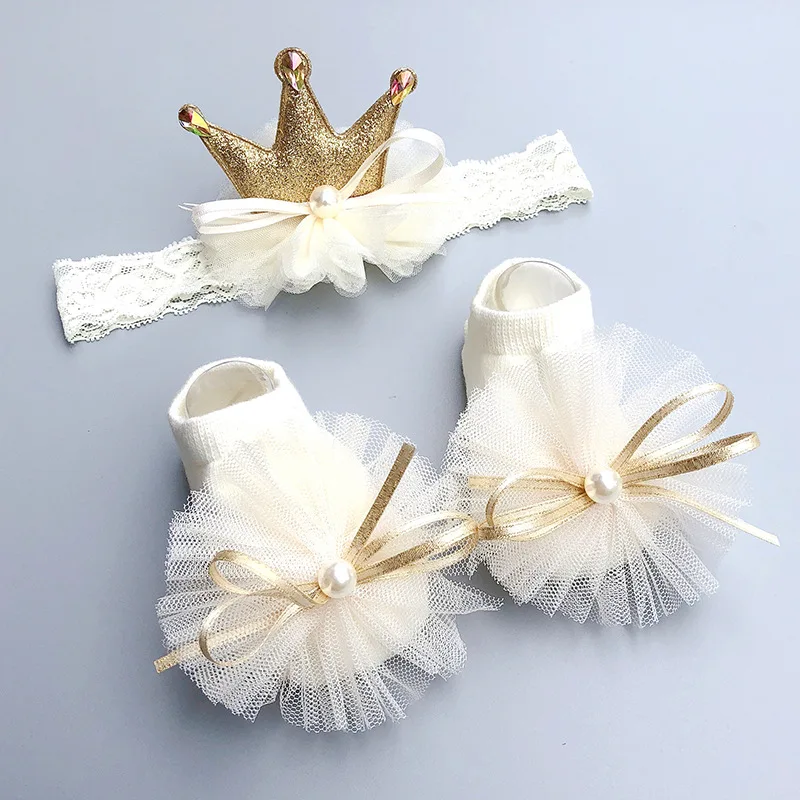 

Newborn Baby Girl Bows Birthday Gift Infant Children Princess Headband Socks Set Toddler Crown Hair Accessories with Gift Box