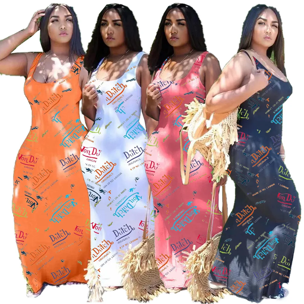 

RStylish 2021 New Fashion Women Letter Print Sleeveless Round Neck Long Dress Summer Printed Casual Slim Waist Skinny Dress