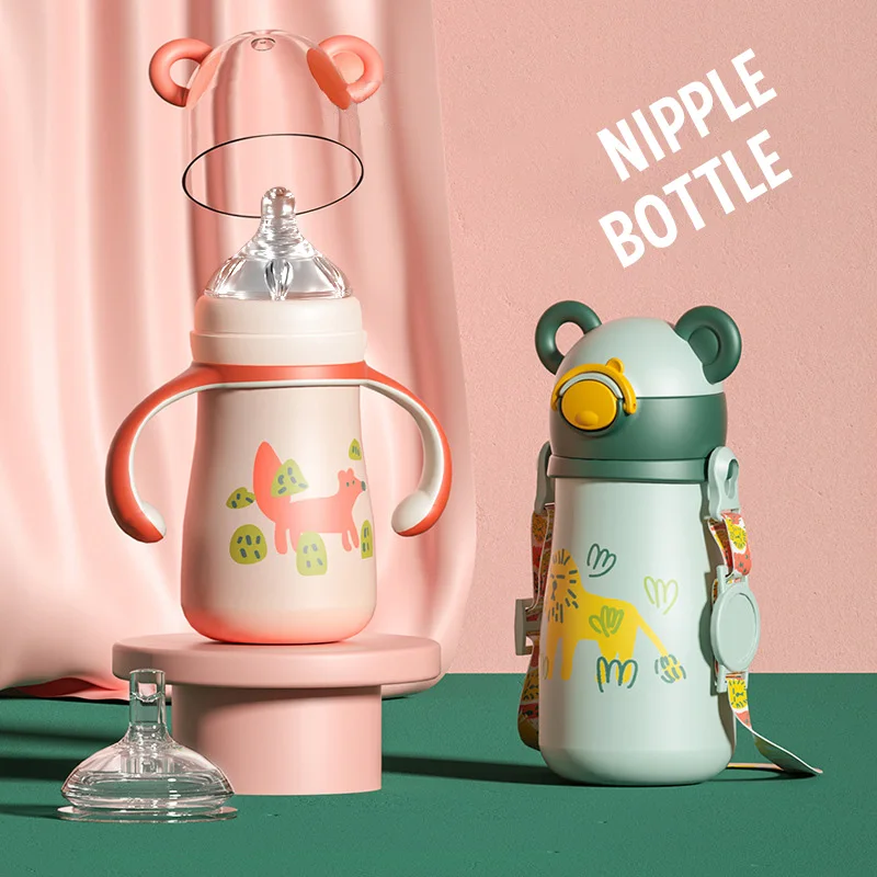 

260/330ml Cartoon Stainless Steel Thermos Drink Water Straw Nipple Bottle Cup for Baby Kid Children Girl Creative Gift Wholesale