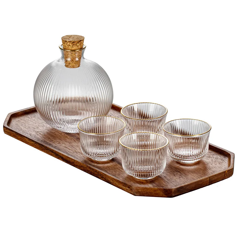 

Classic Glass Hip Flask Set Japanese Style Sealed Jar Vertical Pattern Sake Set Creative Fiole Plastique Table Supplies EF50HF