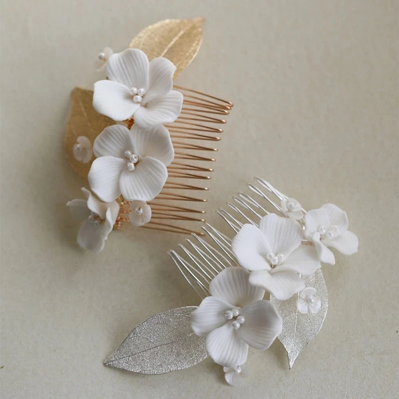 

Bridal Comb Ceramic Flower Hair Piece Gold Silver Color Leaf Wedding Accessories Handmade Women Hair Jewelry