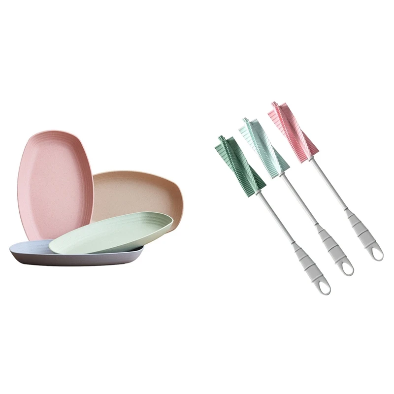 

Long-Handled Baby Bottle Cleaning Brush With 4Pcs Wheat Straw Oval Shape Fruit Dessert Food Storage Plates