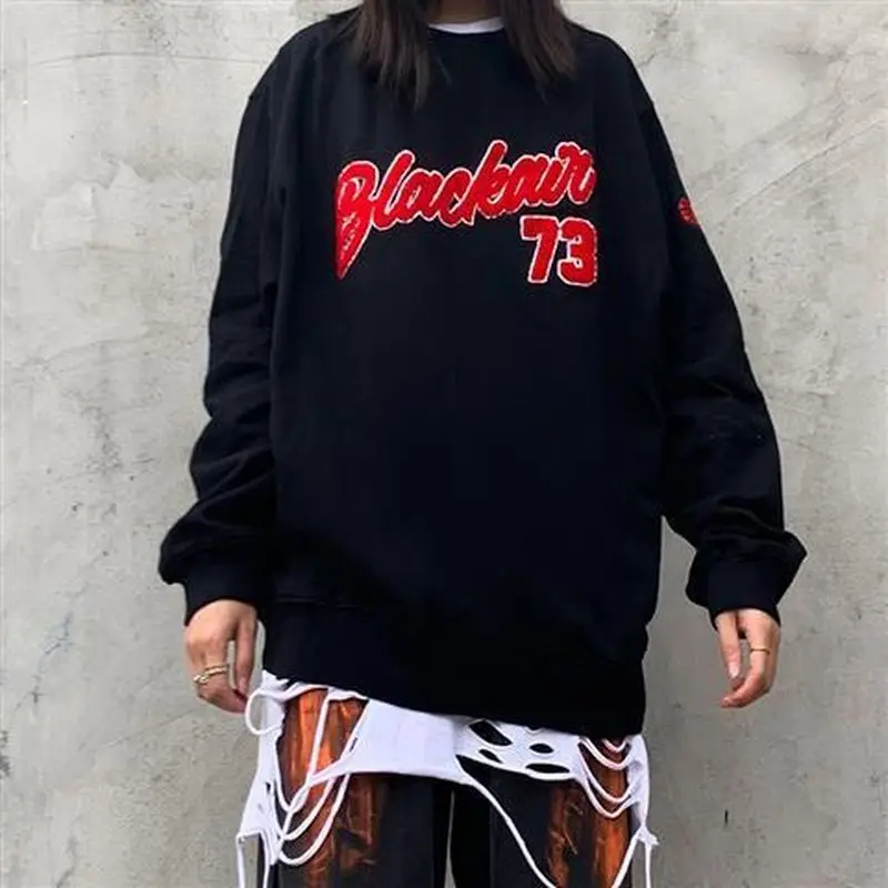 

American Retro Hip-hop Sweatshirts Men's Autumn-winter New Plush Letter Embroidery Loose Hoodless Sweater Couple Tide Goth Top