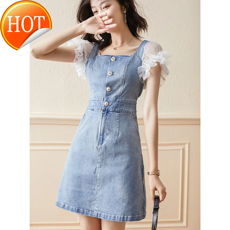 

Eurocolor high quality 2021 spring and summer ear design square collar embroidered bead piece short sleeve high waist denim