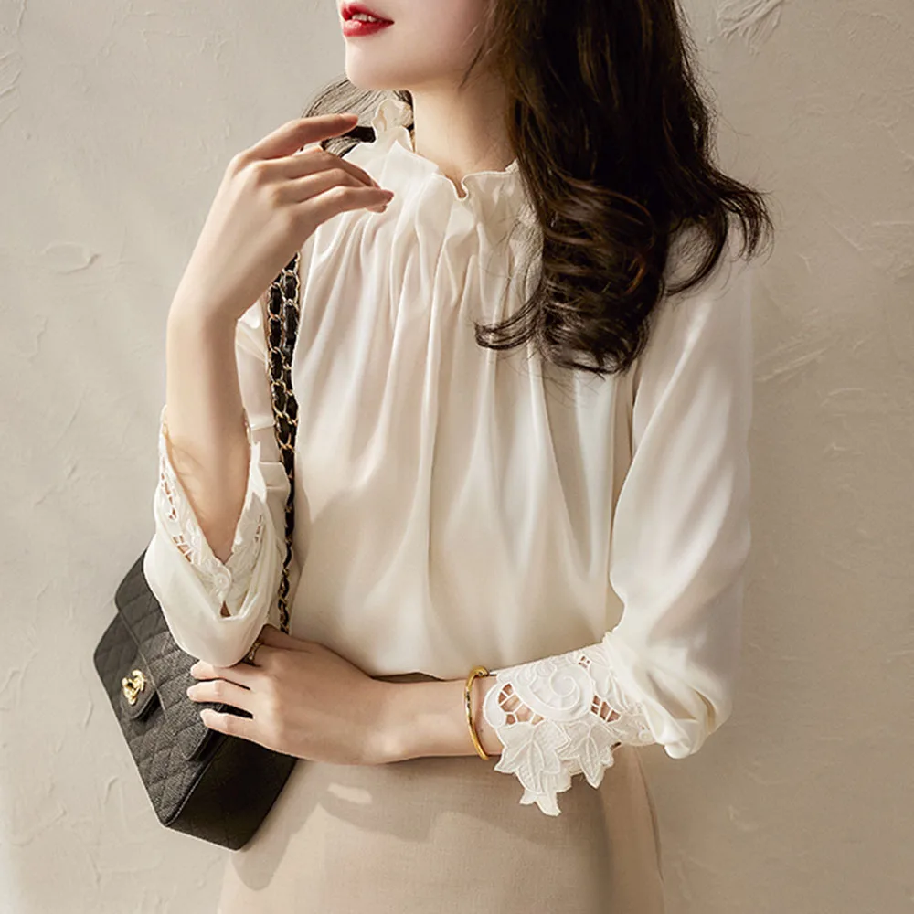 

Blouse Plain Stand Collar Women's Fashion Long-sleeved Simple Shirt Elastic Collar Loose French Silk Shirt 2021 New Style Office