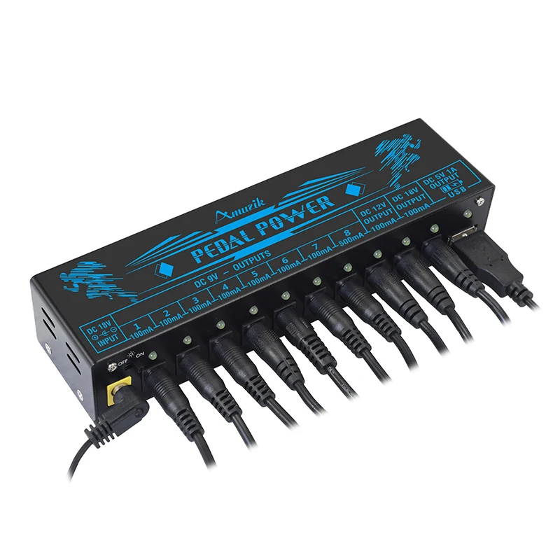 Amuzik Guitar Pedal Power Supply 10 Isolated DC Output for 9V/12V/18V Guitar Effect Pedals with USB Charging Port