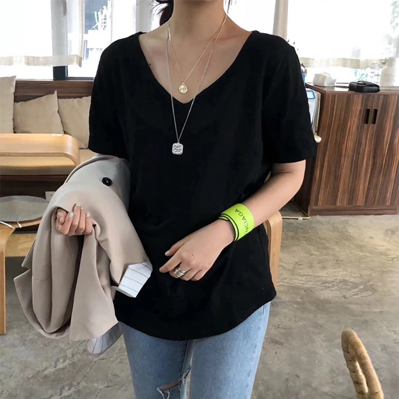

2021 Summer Solid Color and V-neck Slub Cotton T-shirt Short-Sleeved Korean Style Loose plus Size Women's Clothing Top