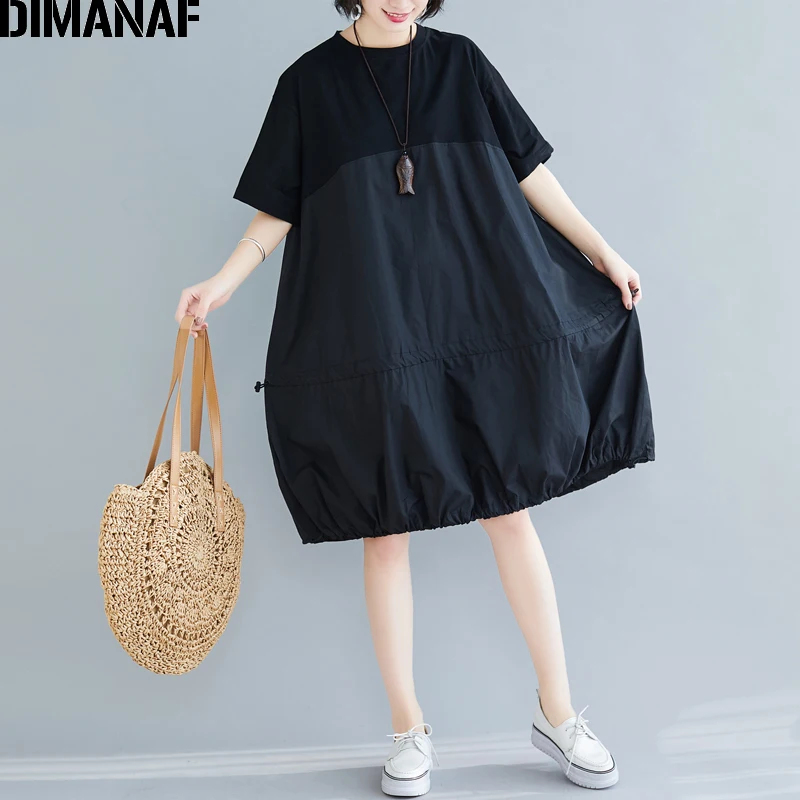 Женское свободное платье из хлопка DIMANAF повседневный однотонный черный сарафан