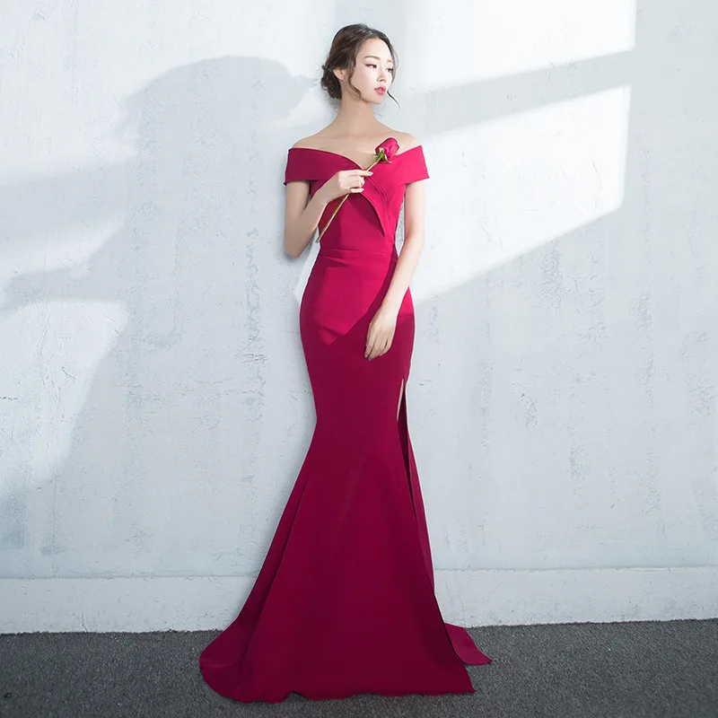 

Женское вечернее платье-русалка, бордовое атласное платье до пола с открытыми плечами, 2019