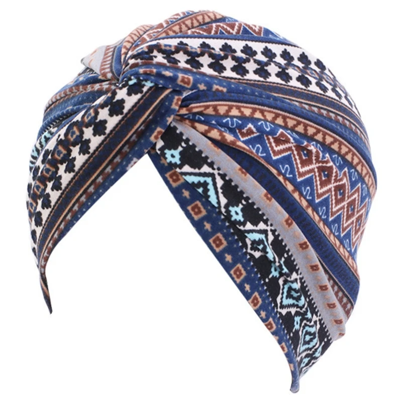 

Women Boho Pleated Turban Hat Ethnic Elephant Striped Head Wrap Cross Twist Knot Stretchy Muslim Hijab Beanie Chemo Cap