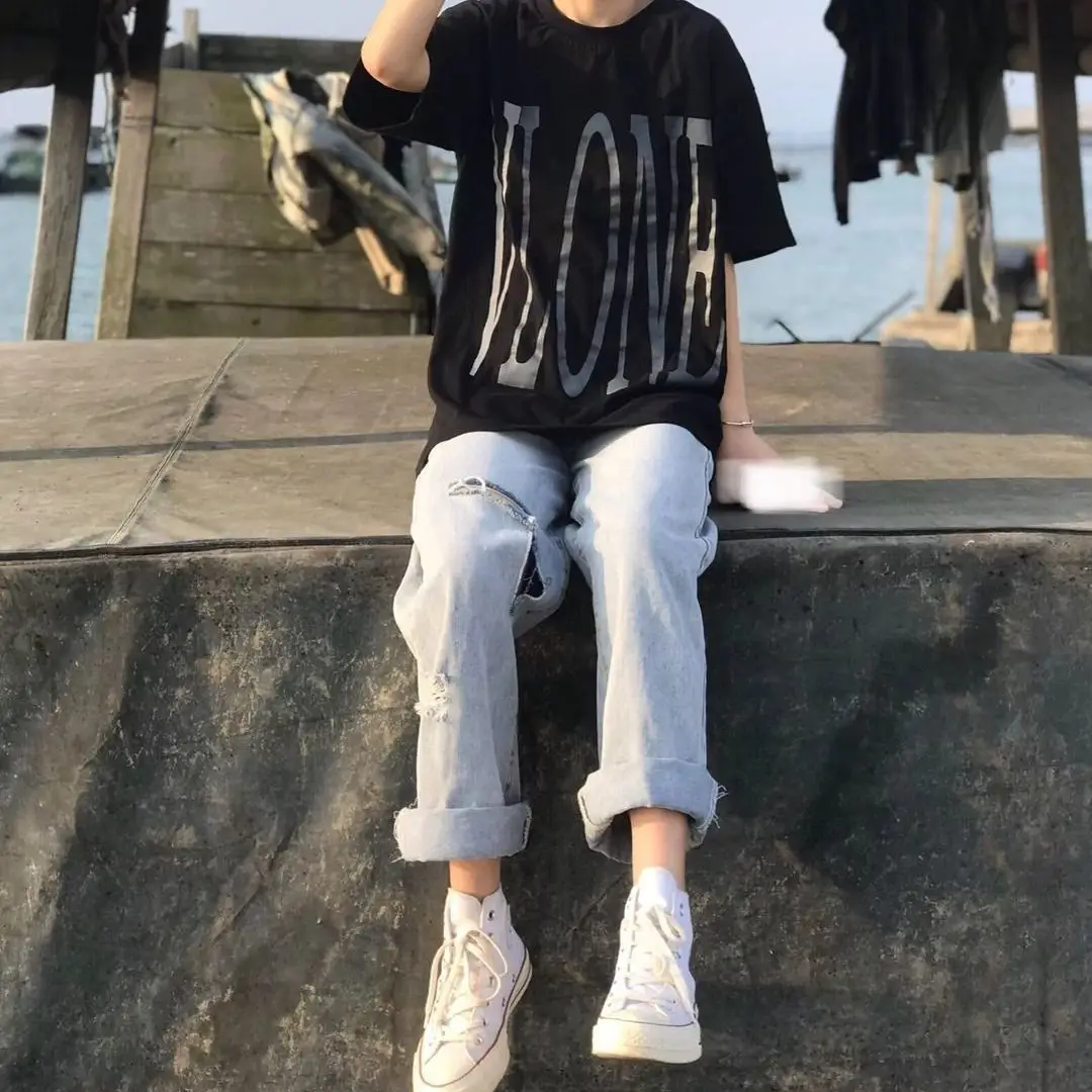 

Breaking straight jeans women's summer ins high waist hundreds of loose-fitting thin student wide-legged trousers