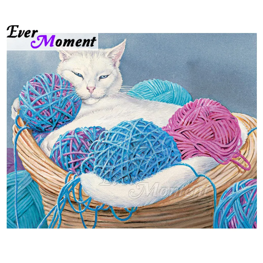Алмазная мозаика с изображением белого кота из разноцветной пряжи шариком 5D